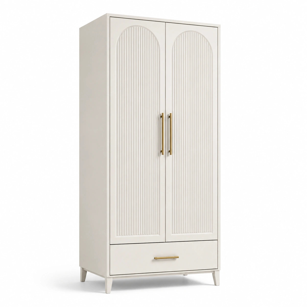 Armoire en bois blanche avec poignées métalliques