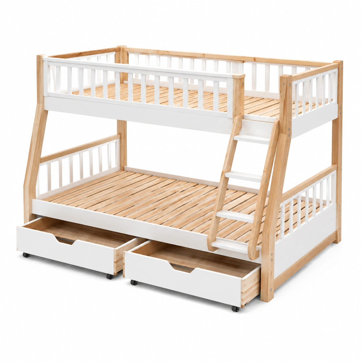 Lit superposé en bois de pin avec tiroirs et échelle intégrée 200x140/90 cm naturel/blanc