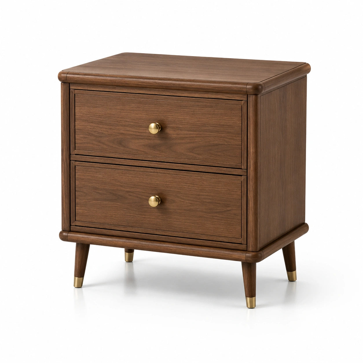 Table de chevet en bois avec tiroirs et poignées en laiton