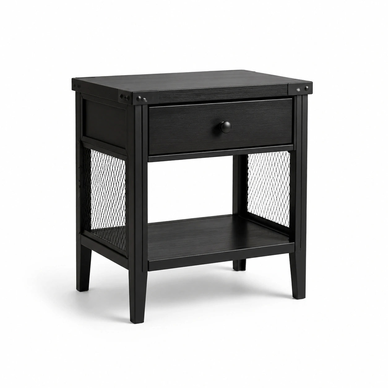 Table de chevet en bois et métal noir avec tiroir