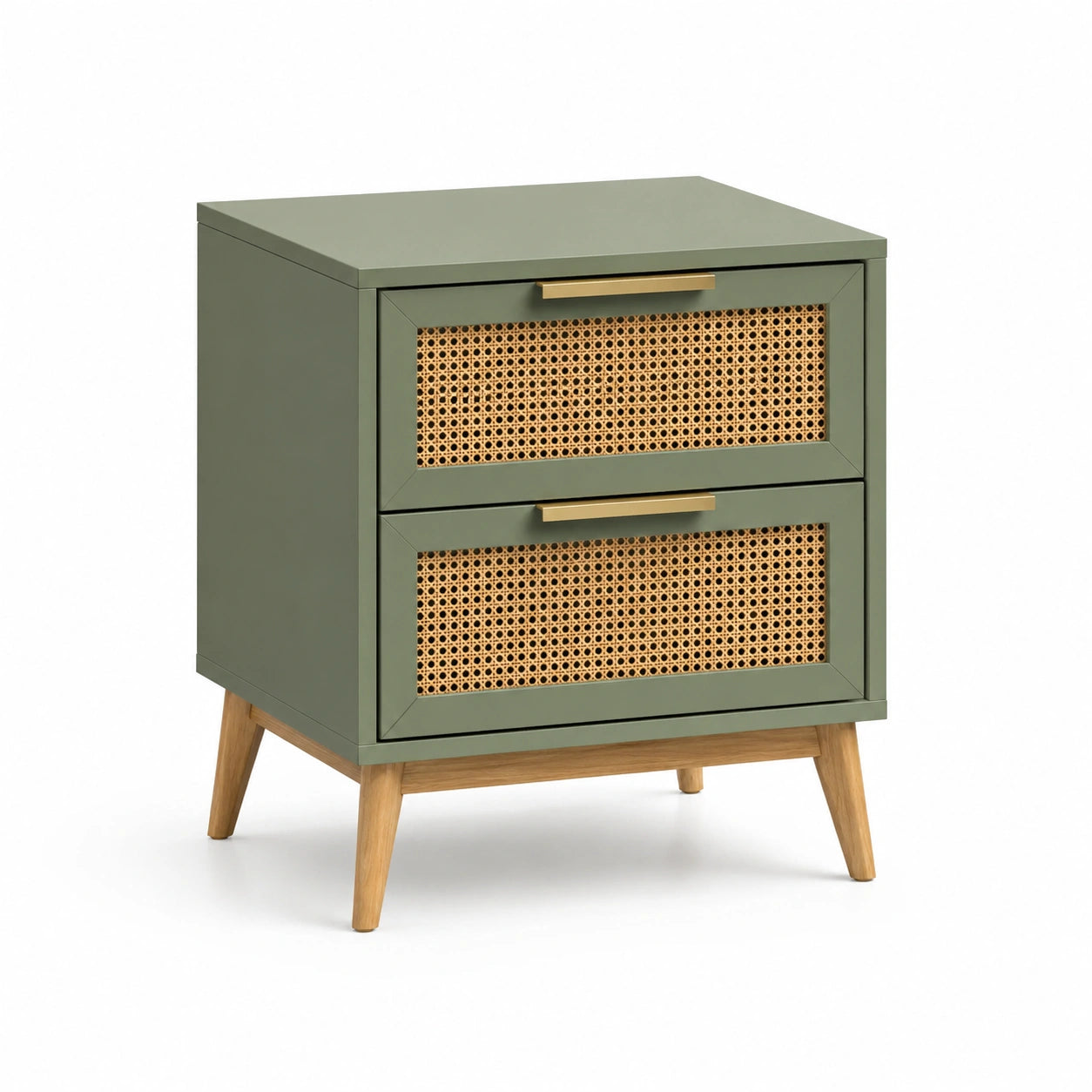 Table de chevet en bois et rotin avec 2 tiroirs verts