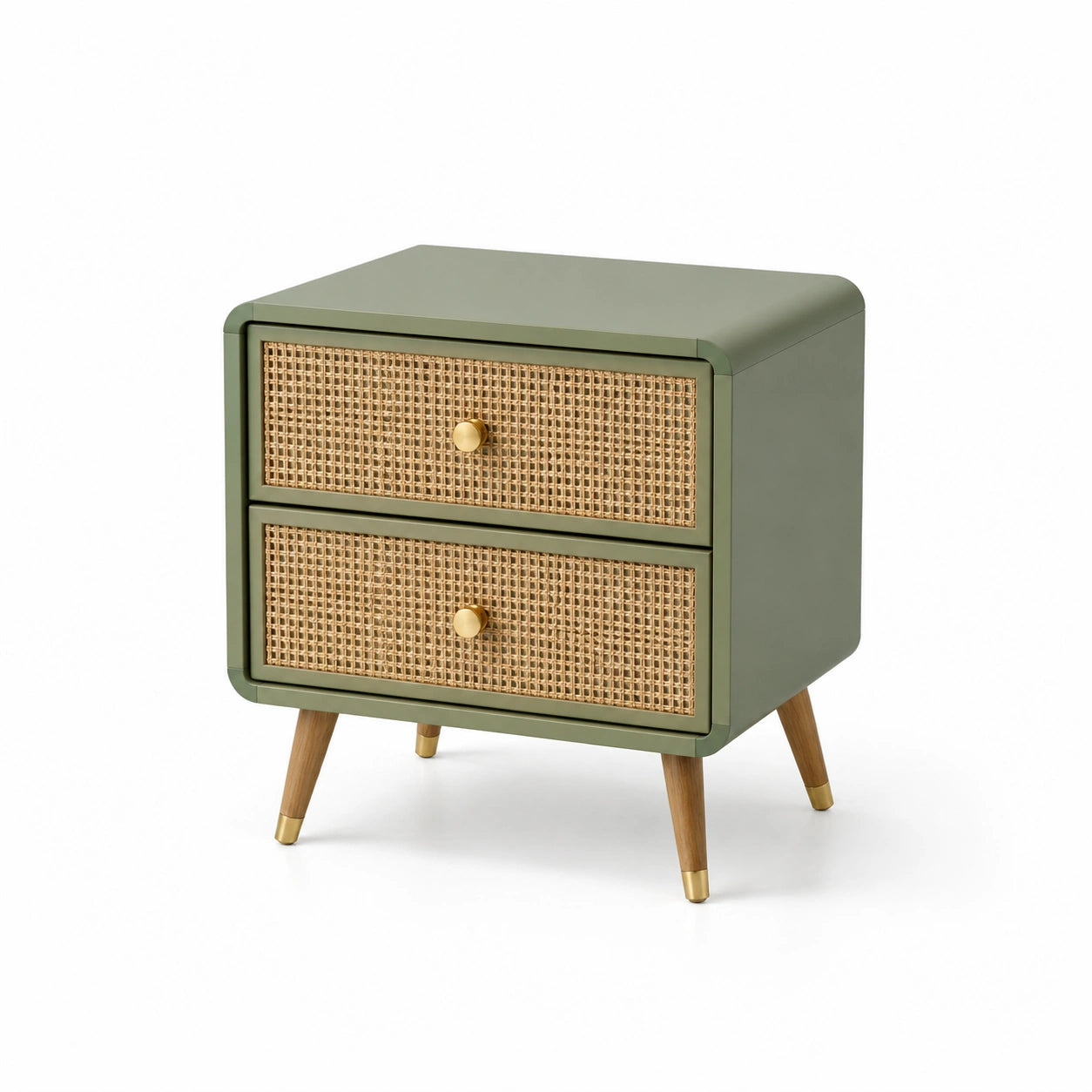 Table de chevet en bois et rotin vert olive 50 x 40 x 30 cm