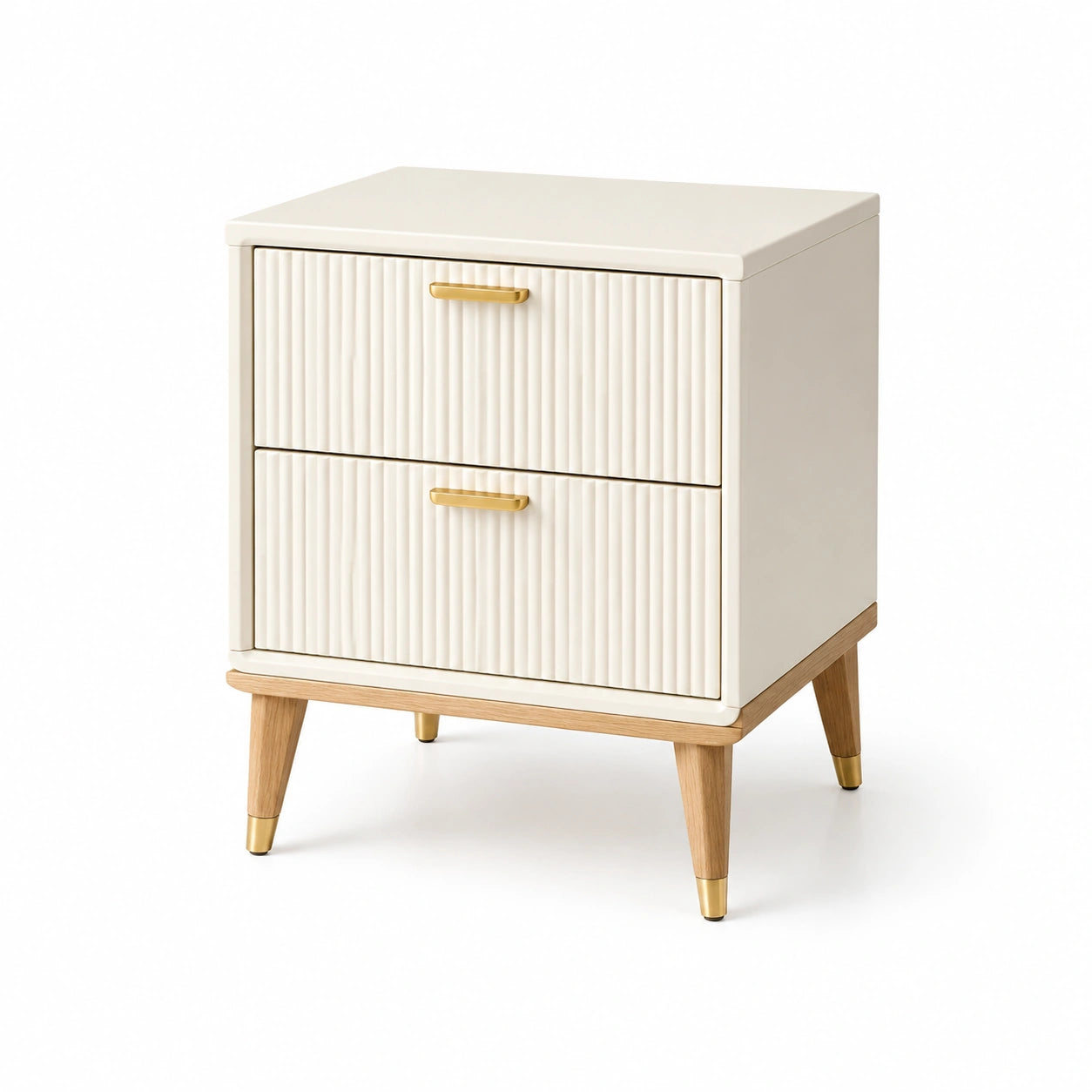 Table de chevet en bois avec tiroirs rainurés crème et pieds en chêne