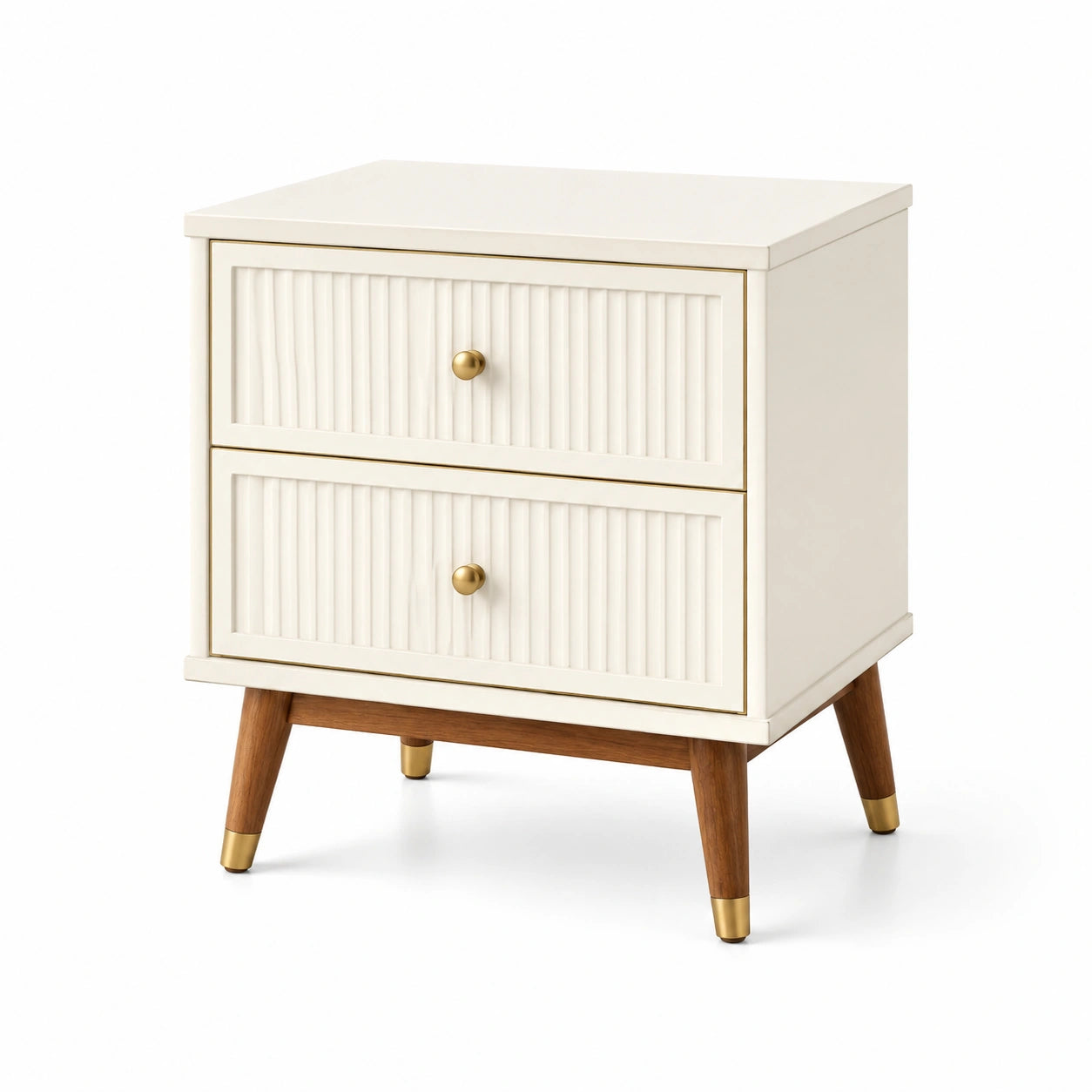 Table de chevet en MDF blanc avec pieds en bois et poignées en métal
