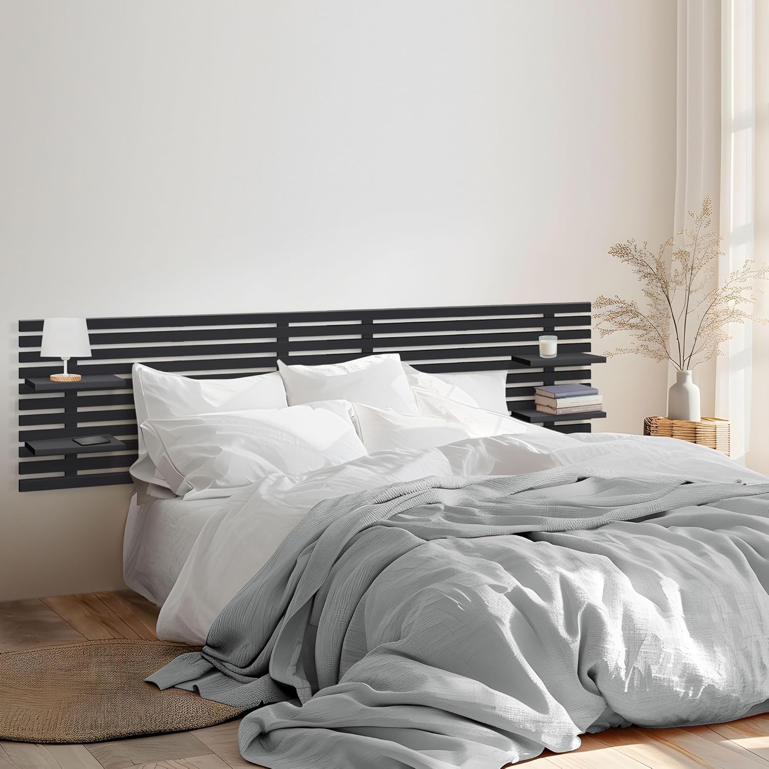 Lit, Tête de Lit avec Étagères en Bois recyclé DM Suspendu au Mur Style Japonais Lit Vintage, Noir Solide, 210cm, Noir – DHOME