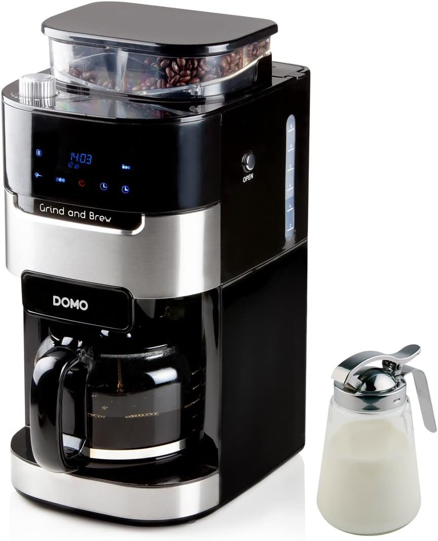 DOMO, Filtre, Machine à café automatique pour 12 tasses avec broyeur conique pour grains entiers et café, Noir/Argent