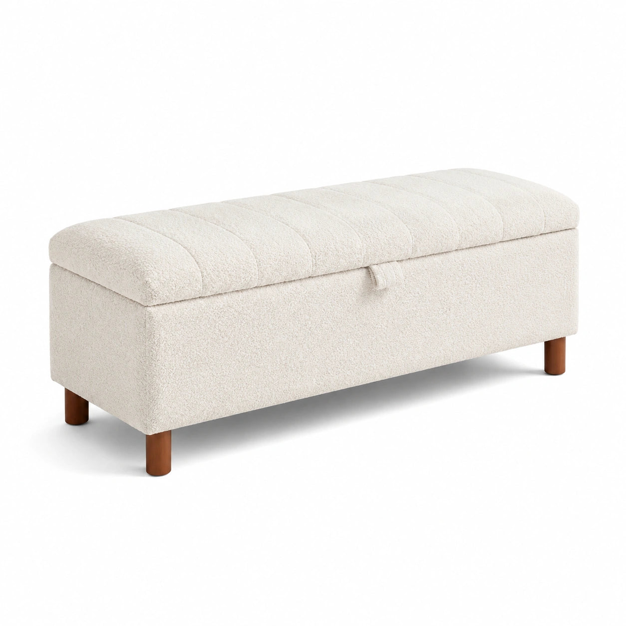 Banc de rangement en tissu bouclé avec pieds en bois de hêtre 140x40x45cm crème