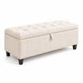 Banc de rangement en velours côtelé beige avec pieds en bois massif