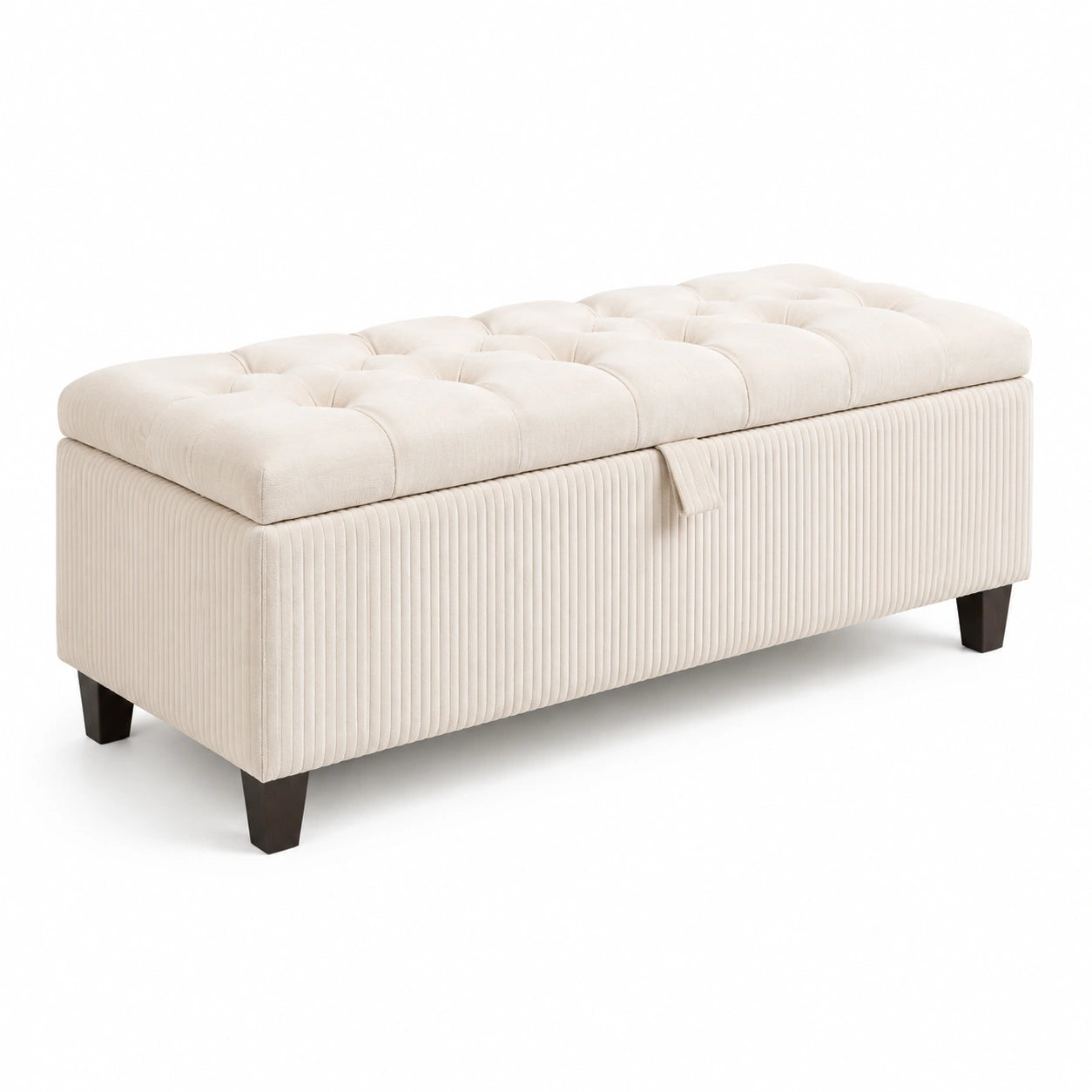 Banc de rangement en velours côtelé beige avec pieds en bois massif