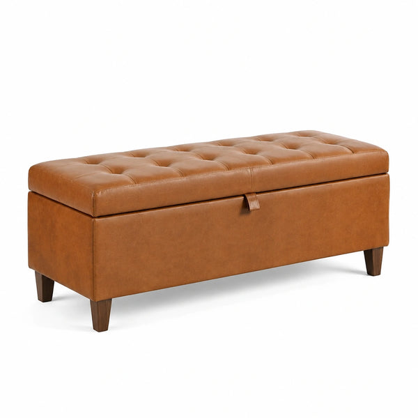 Banc de rangement en cuir synthétique brun avec pieds en bois massif