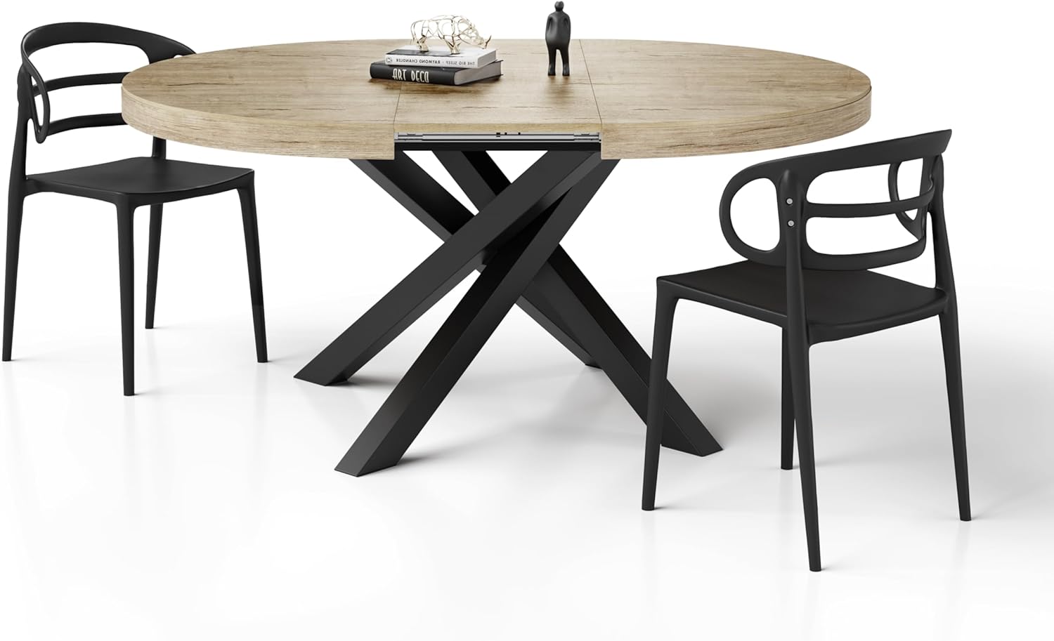 Table Ronde Extensible Emma, 120-160 cm, avec Pieds Noirs croisés, pour 4-6 Personnes, Chêne Naturel/Noir – MOBILI FIVER, Salon