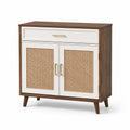 Buffet en bois et rotin avec tiroir blanc et métal doré