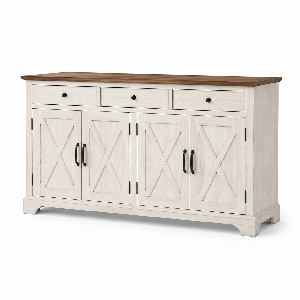 Buffet en bois avec plateau en noyer, 3 tiroirs et 4 portes