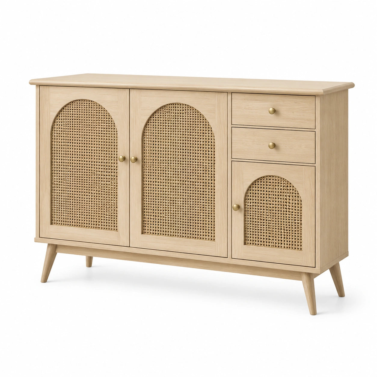 Buffet en bois clair avec cannage en rotin