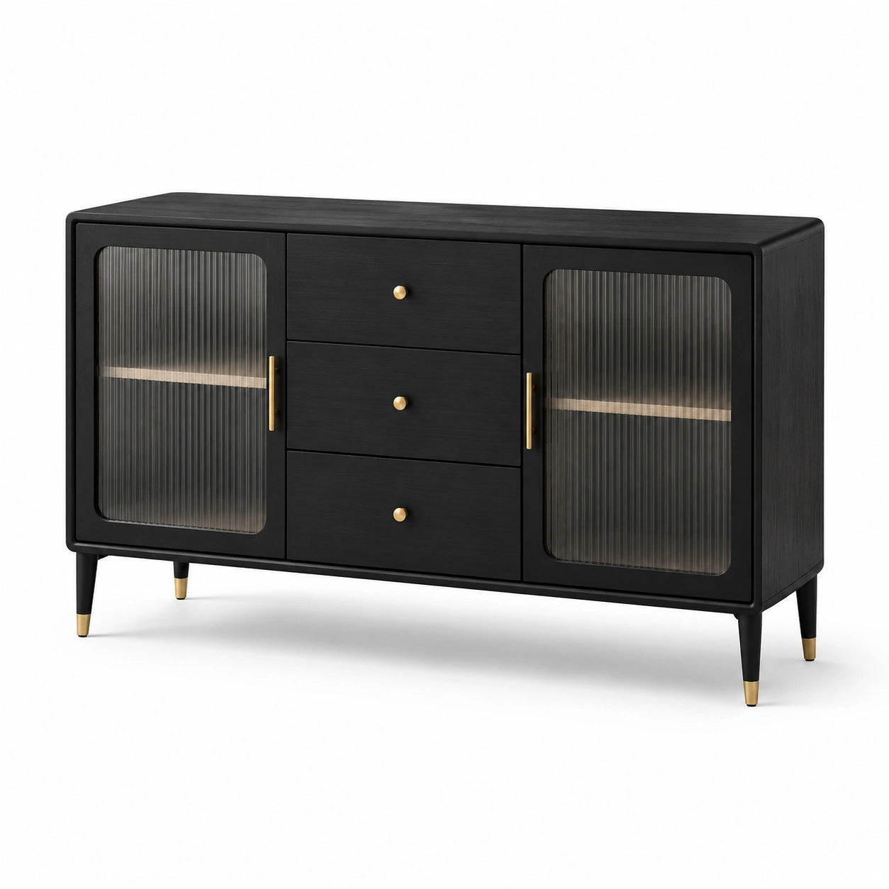Buffet en bois noir avec portes en verre trempé nervuré et 3 tiroirs