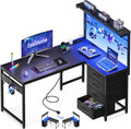 Coleshome, Bureaux, 110 x 80 cm Réversible Table Gaming avec Tiroirs et Prises de Courant, Bureau d'angle avec Compartiment de Rangement
