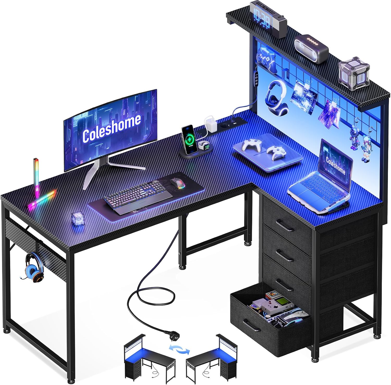Coleshome, Bureaux, 110 x 80 cm Réversible Table Gaming avec Tiroirs et Prises de Courant, Bureau d'angle avec Compartiment de Rangement