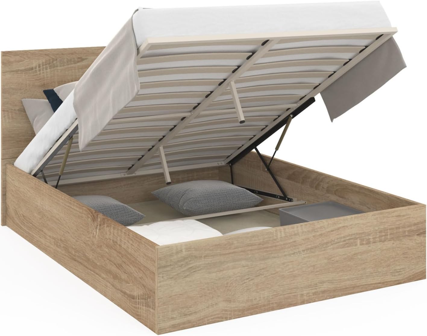 Lit, Lit Coffre Double Seaside avec tête de lit et sommier 140x190 cm façon hêtre, Bois Clair – IDMarket