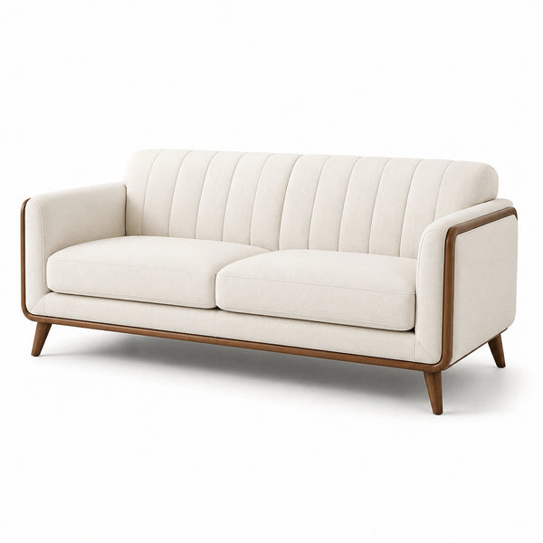 Canapé 3 places en tissu polyester beige avec structure en bois massif