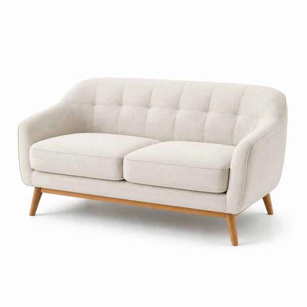 Canapé 2 places en tissu polyester beige avec pieds en chêne