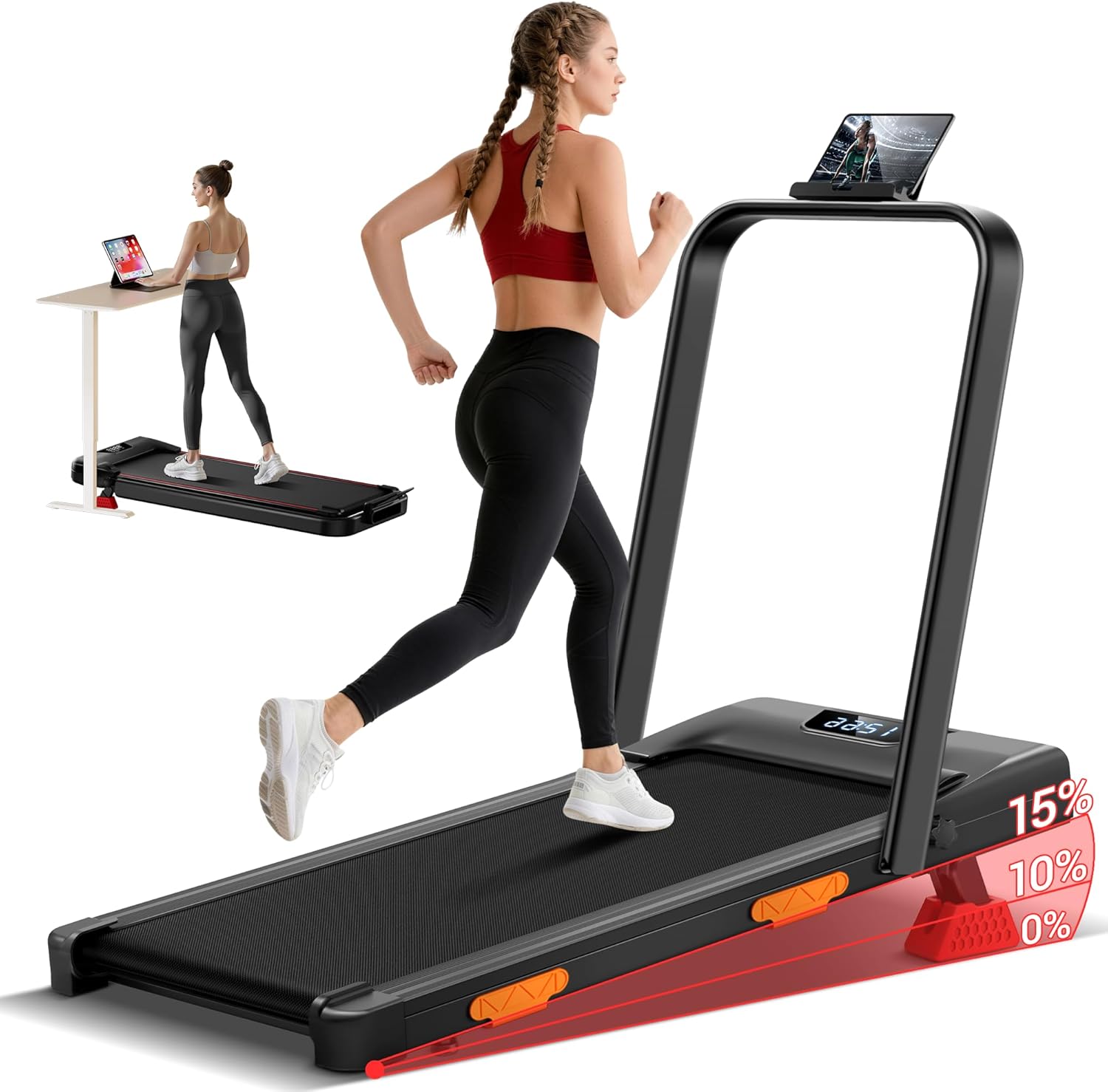 UMAY, Tapis de Course Pliable Inclinable 15%, Tapis de Marche Inclinable 6 en 1 avec Moteur Silencieux, Noir, 136KG, Walking Pad