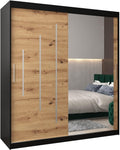 York 2 180 Armoire à Deux Portes Coulissantes pour Chambre à Coucher, 180x200x62 cm, Moderne Armoire de Rangement avec Miroir, Noir/Marron