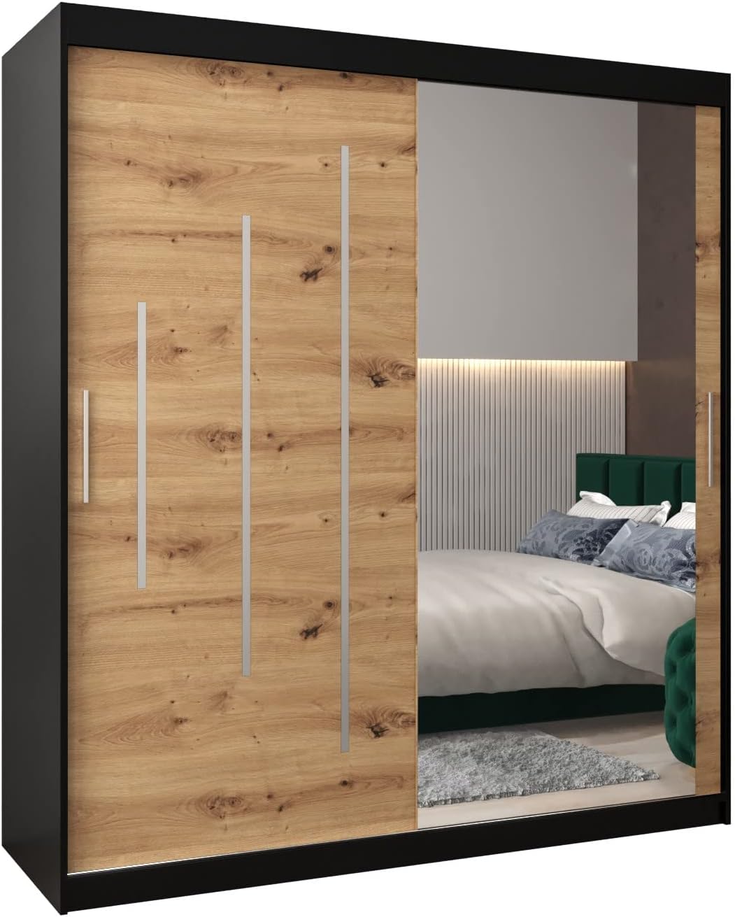 York 2 180 Armoire à Deux Portes Coulissantes pour Chambre à Coucher, 180x200x62 cm, Moderne Armoire de Rangement avec Miroir, Noir/Marron