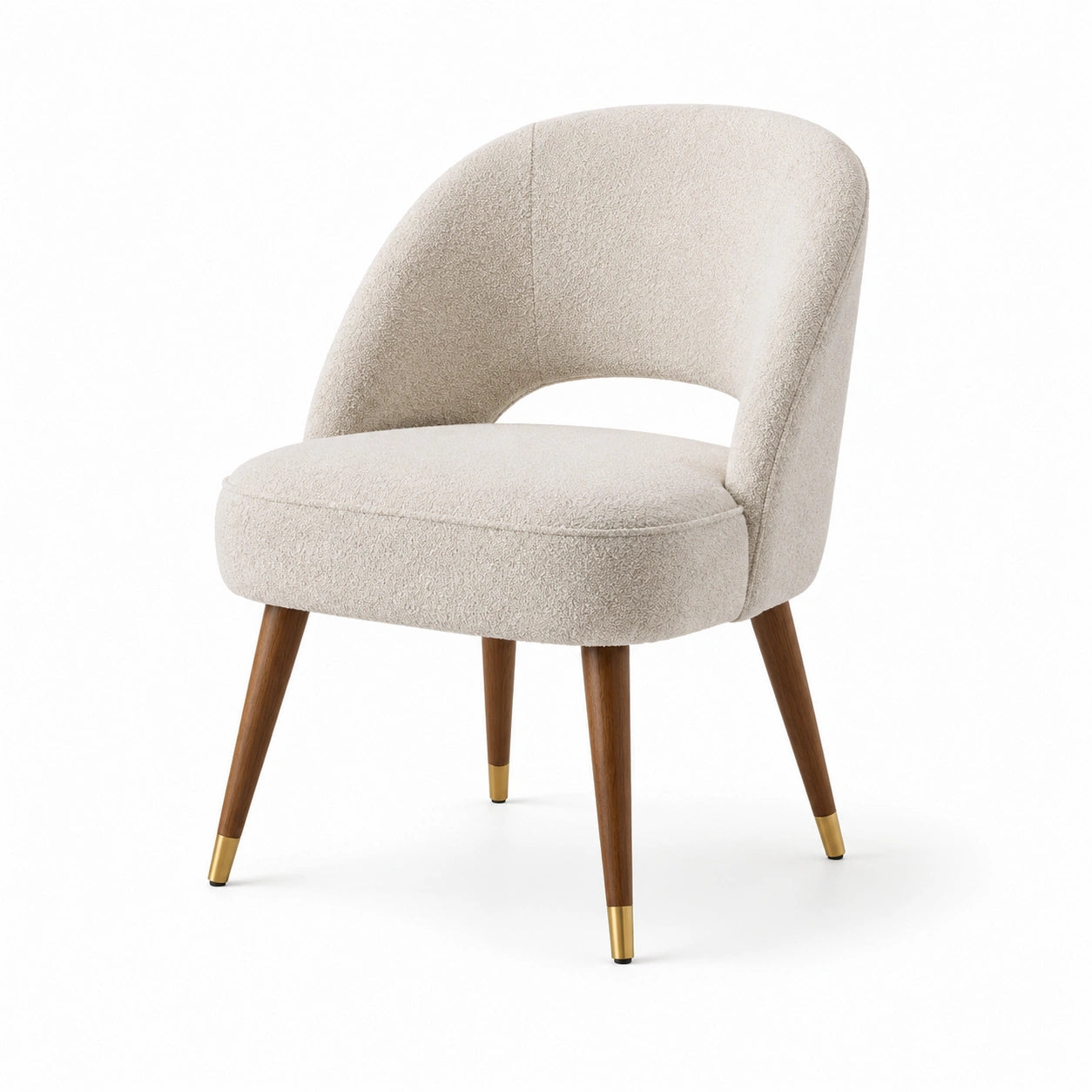 Chaise en bois et tissu bouclé beige avec pieds en noyer