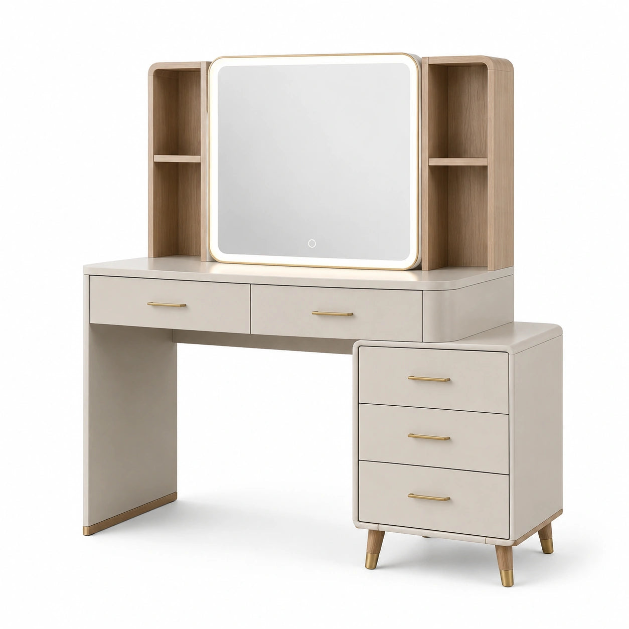 Coiffeuse en bois avec miroir LED et tiroirs beige