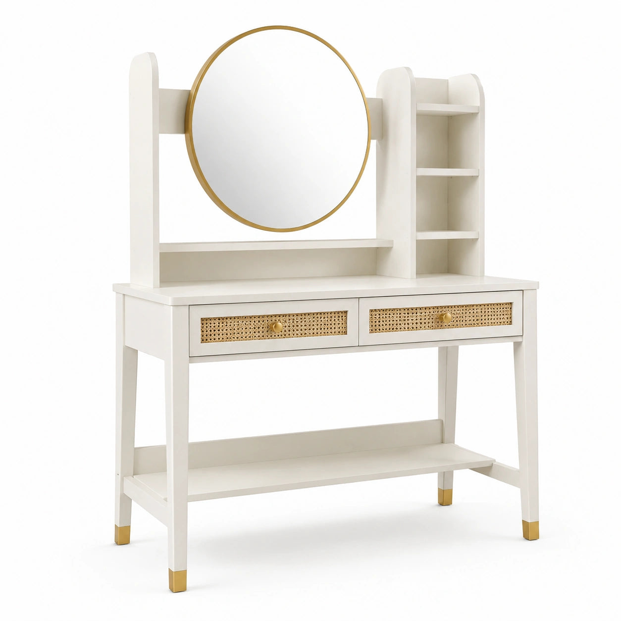 Coiffeuse en bois avec miroir rond et étagères