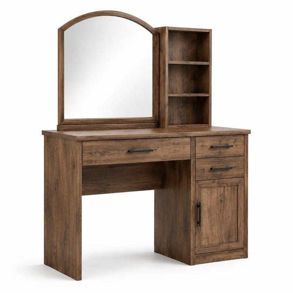 Coiffeuse en bois avec miroir arquée et étagères de rangement