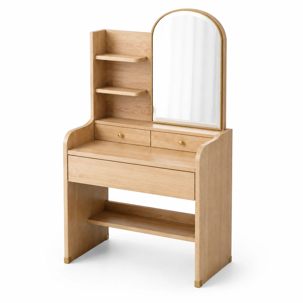 Coiffeuse en Bois Clair avec Miroir en Verre Trempé et Rangement