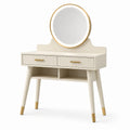 Coiffeuse en bois avec miroir rond LED crème et doré 80x40x136cm