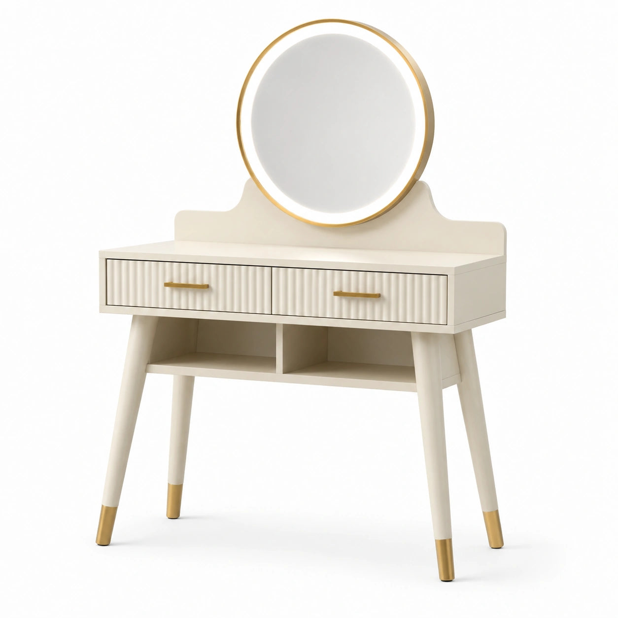 Coiffeuse en bois avec miroir rond LED crème et doré 80x40x136cm