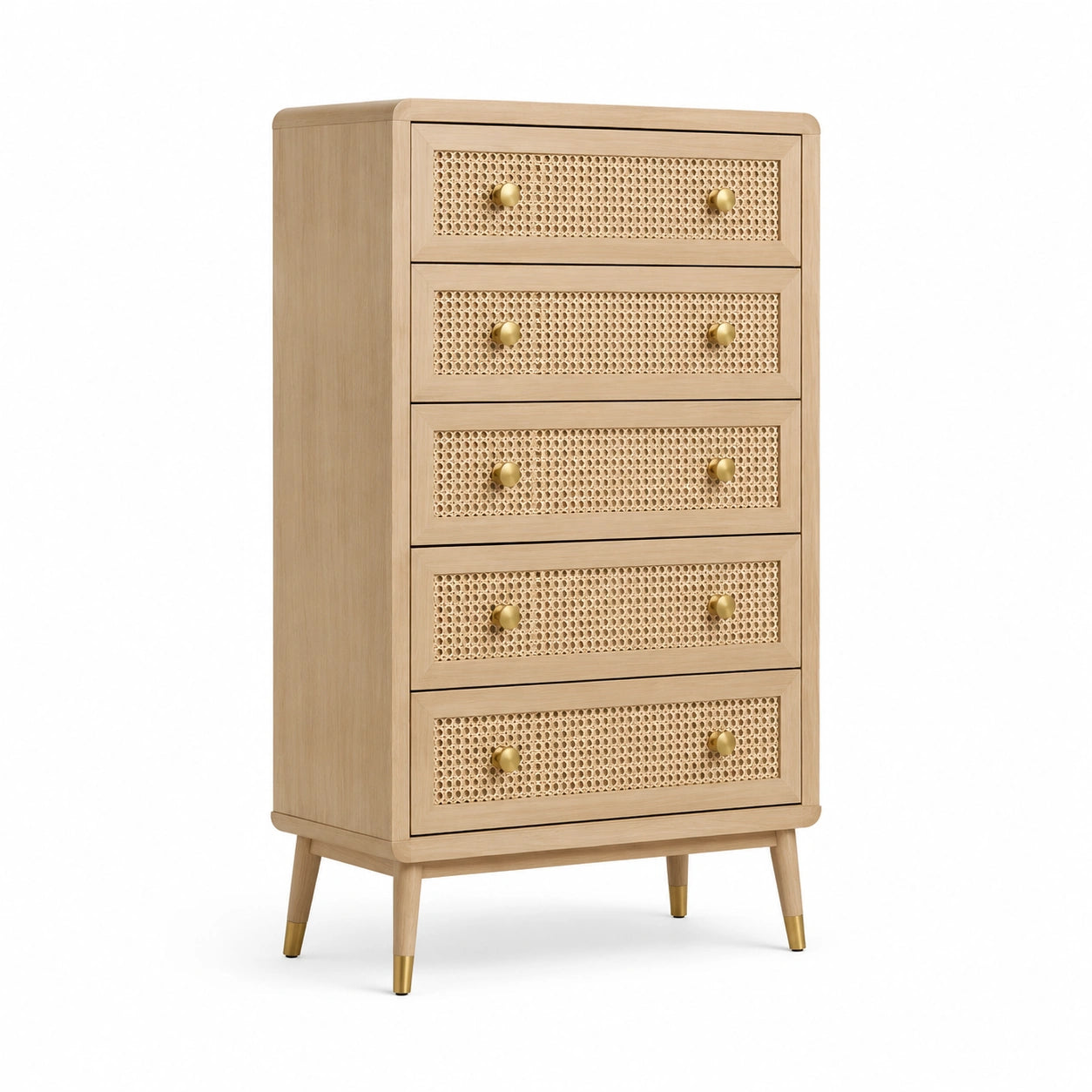 Commode en bois avec tiroirs en rotin et poignées dorées