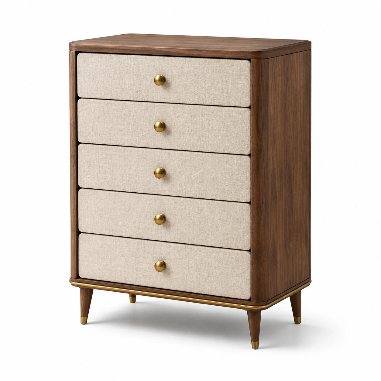 Commode en bois avec tiroirs en tissu et poignées en laiton