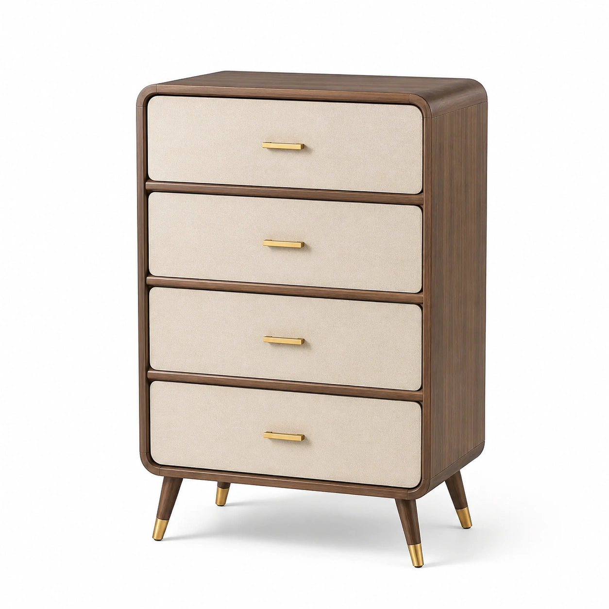 Commode en bois avec tiroirs en tissu beige et poignées en métal doré 90x50x40 cm