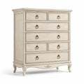 Commode haute en bois avec 7 tiroirs et poignées en métal doré