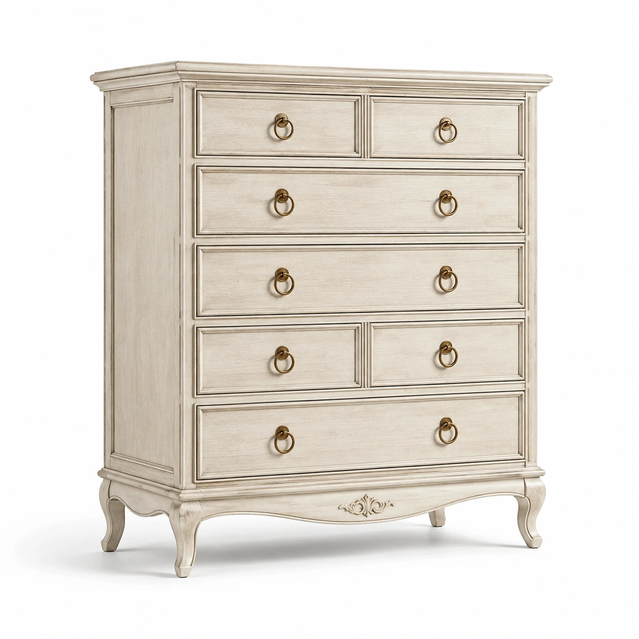 Commode haute en bois avec 7 tiroirs et poignées en métal doré