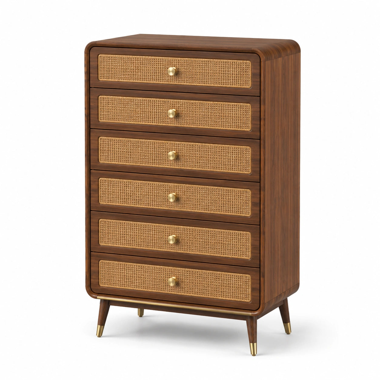 Commode en bois et rotin à 6 tiroirs