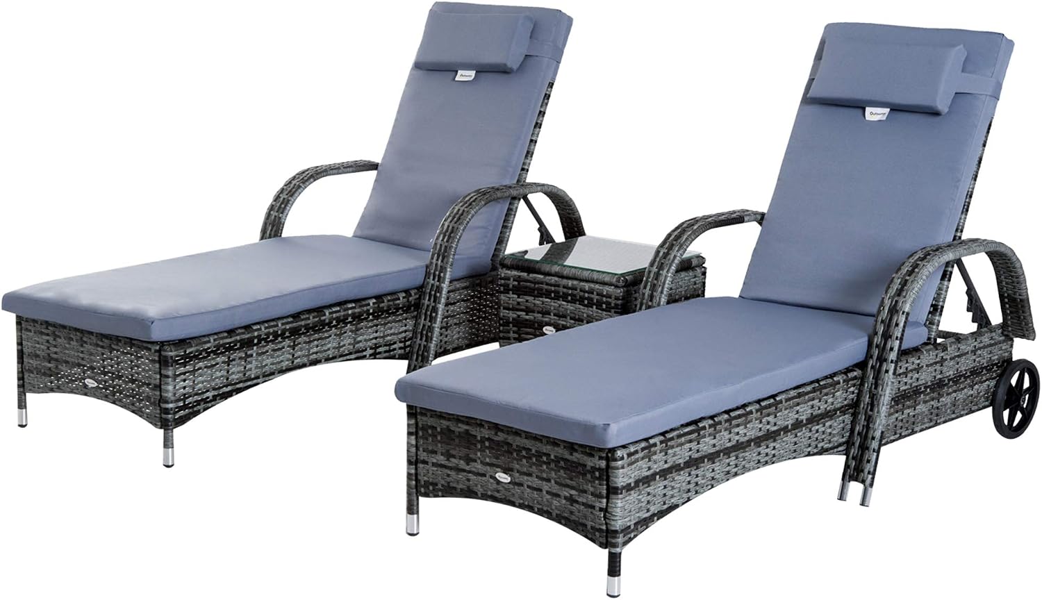 Bain de soleil, Inclinaison réglable Multipositions, roulettes + Table Basse Verre trempé résine tressée Gris – Outsunny, Gris/Bleu