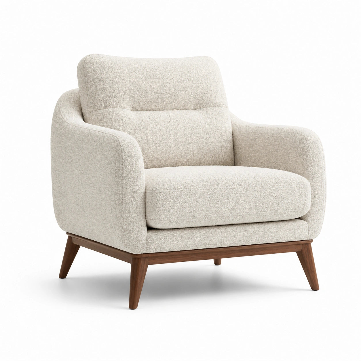 Fauteuil en tissu bouclé blanc cassé avec pieds en bois