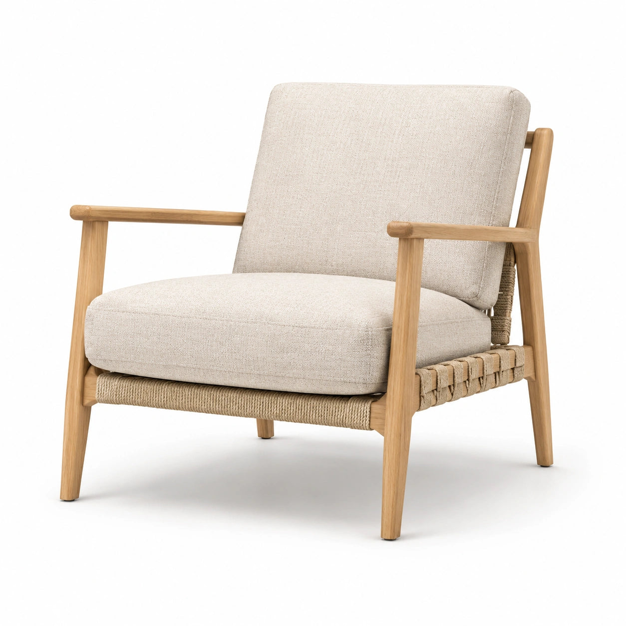 Fauteuil en bois avec coussins en lin beige