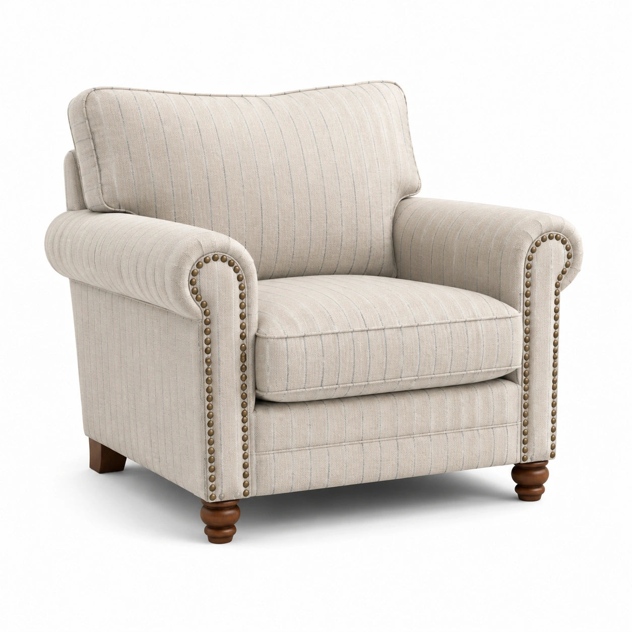 Fauteuil en lin beige avec accoudoirs arrondis et clous décoratifs