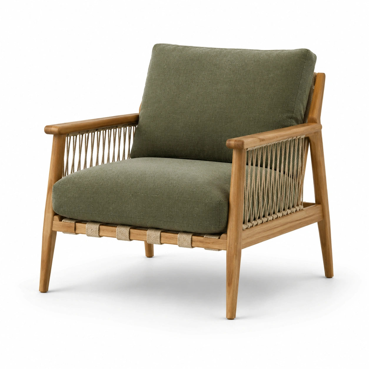 Fauteuil en bois de teck avec coussins en lin vert