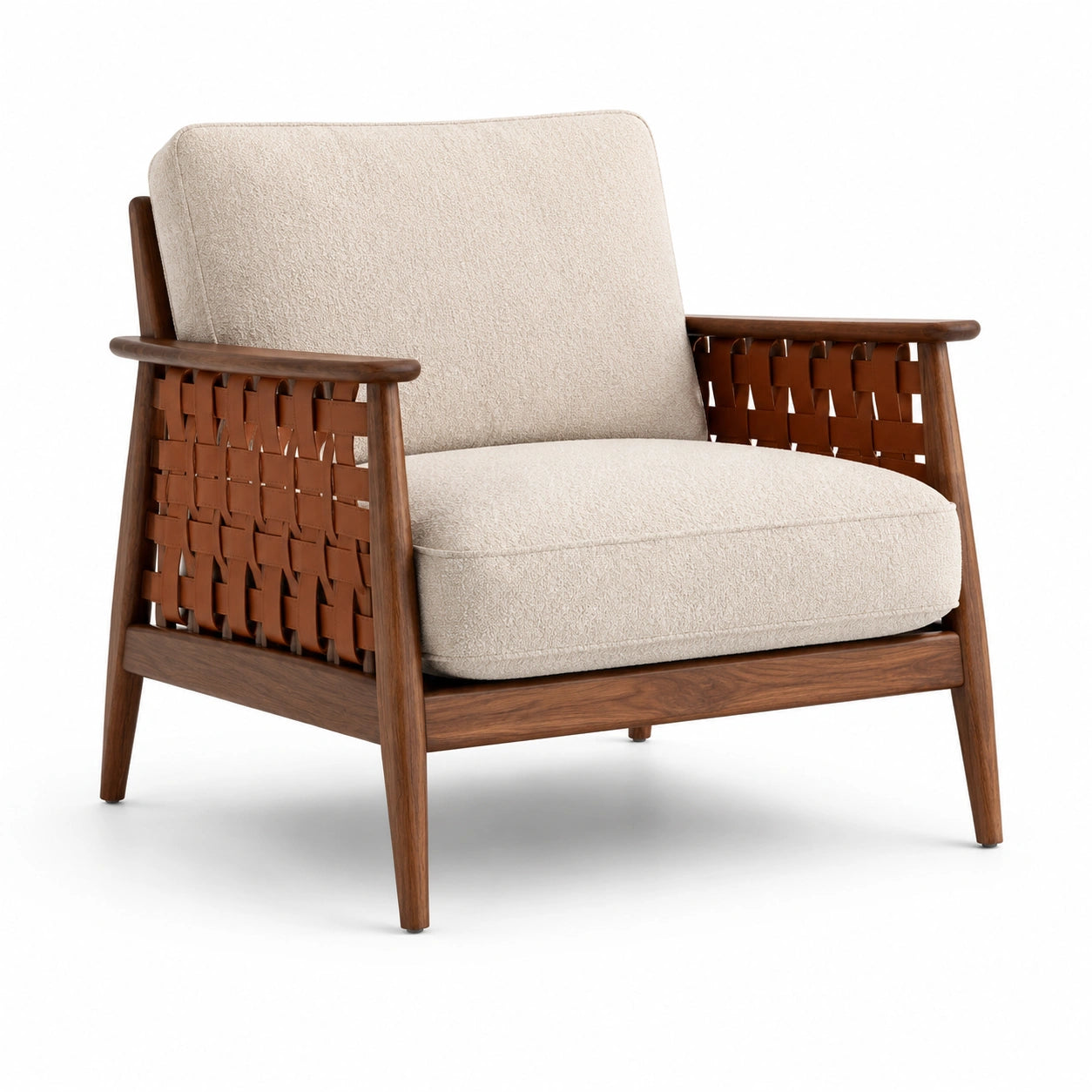 Fauteuil en bois et cuir synthétique beige