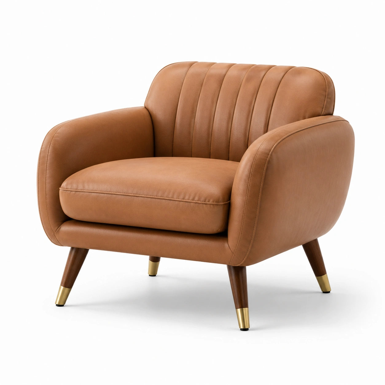 Fauteuil en cuir synthétique marron avec pieds en bois de hêtre et laiton