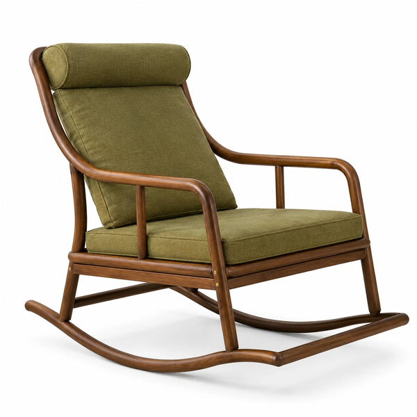 Chaise à bascule en bois et tissu vert olive