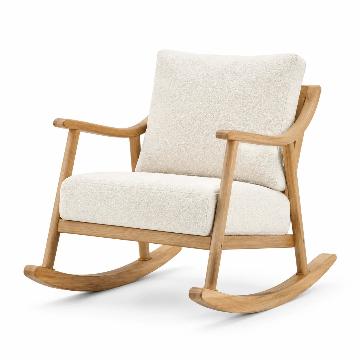 Fauteuil à bascule en bois avec coussins en tissu bouclé beige