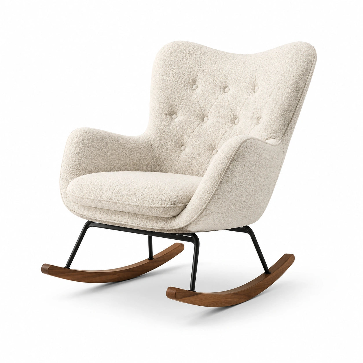 Fauteuil à bascule en tissu bouclé crème avec pieds en métal et bois